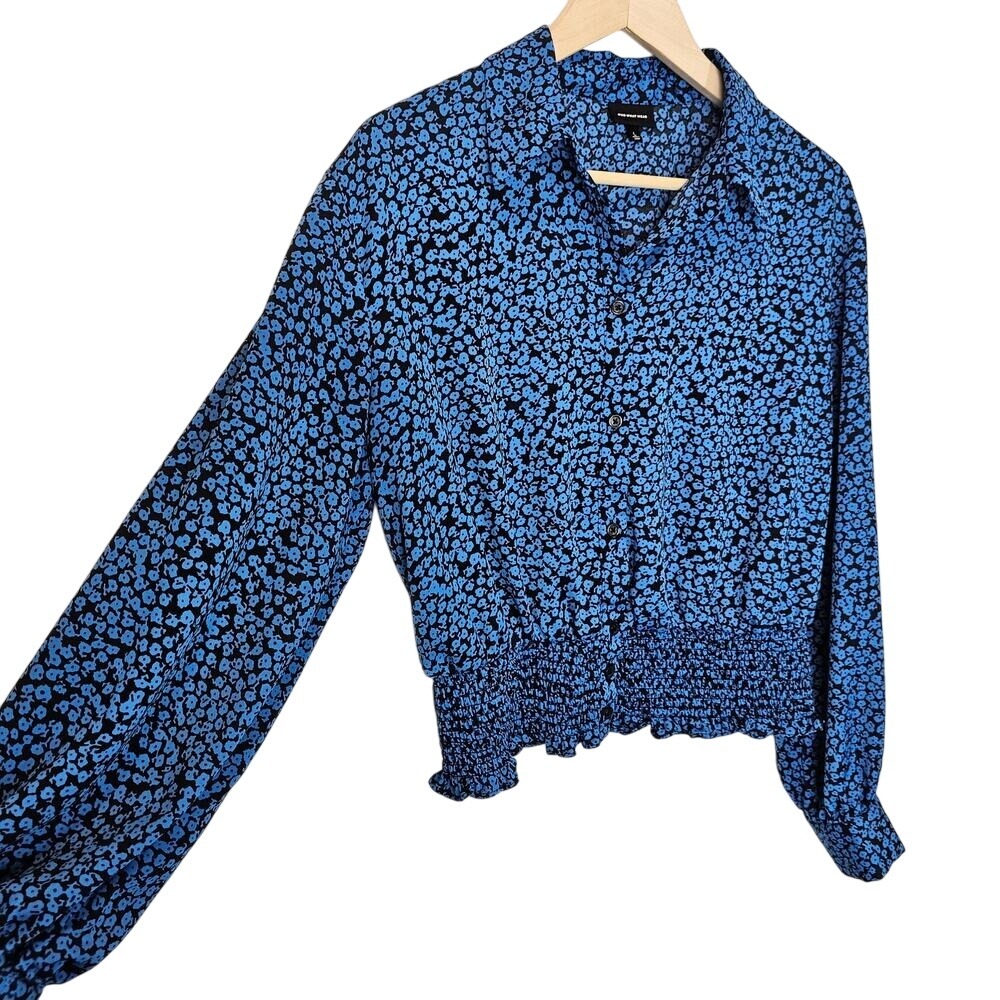Who What Wear Blue Black Flower Ditsy Long Sleeve Blouse Collared Size Large - Picture 3 of 10